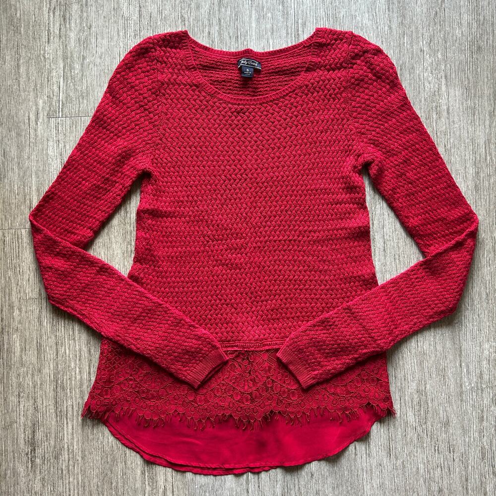 ✨ Lucky Brand Red Scoop Neck Long Sleeve Lace Peplum Waist Knit Sweater Sz Small